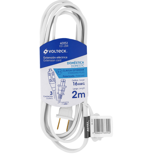 Extensión Eléctrica Doméstica 2 M Clavija Recta Blanca 40151 Truper