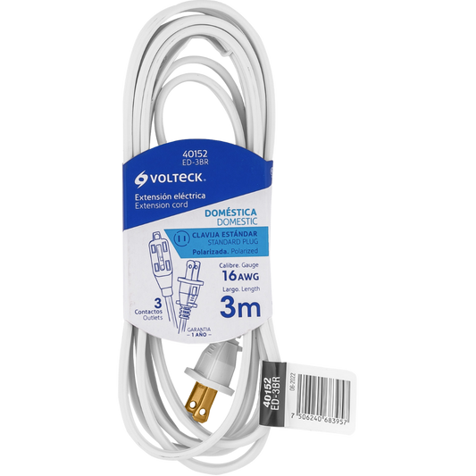Extensión Eléctrica Doméstica 3 M Clavija Recta Blanca 40152 Truper