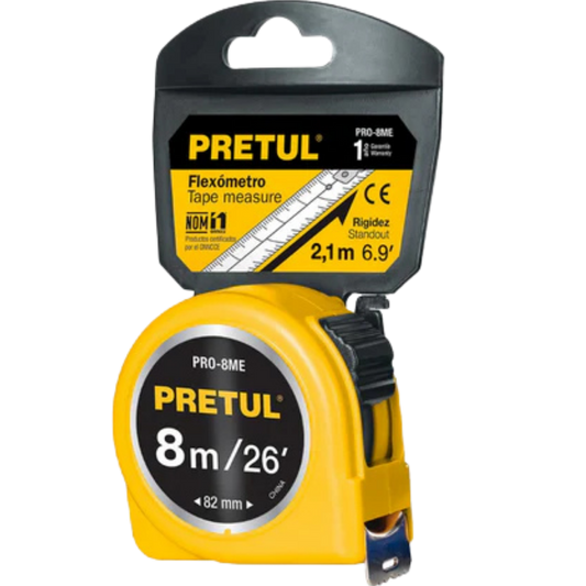 Flexómetro Amarillo 8 M Cinta 25 Mm En Tarjeta Pretul 21603 Truper