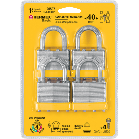 Juego De 4 Candados Cuerpo Laminado 40 Mm Hermex Basic 20507 Truper
