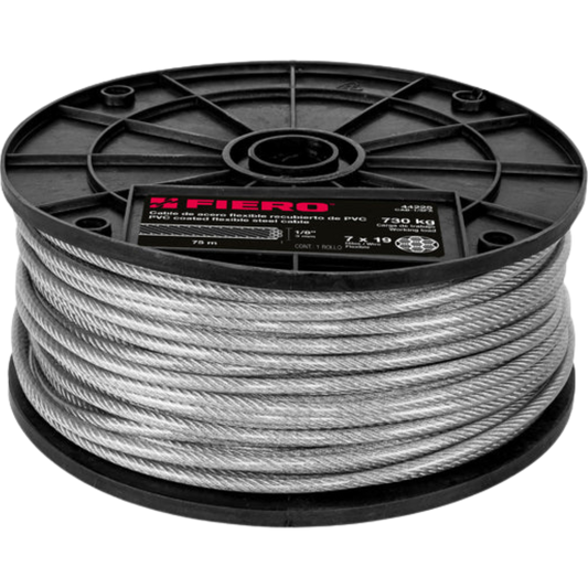 Metro Cable Flexible 1/8' Acero 7X19 Recubierto Pvc 75 M 44225 Truper