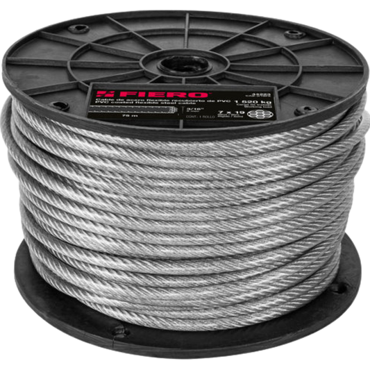 Metro Cable Flexible 3/16' Acero 7X19 Recubierto Pvc 75 M 44223 Truper