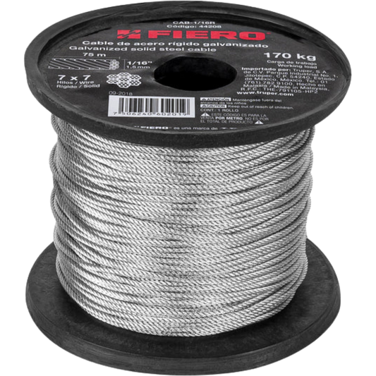 Metro De Cable Rígido 1/16' De Acero 7X7 Hilos 75 M Fiero 44208 Truper