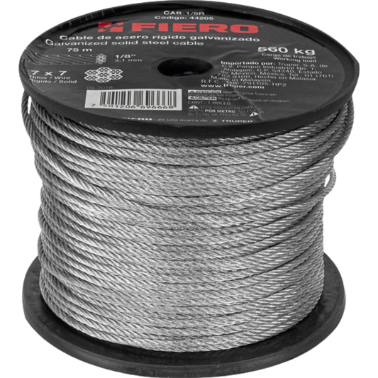 Metro De Cable Rígido 1/8' De Acero 7X7 Hilos 75 M Fiero 44205 Truper