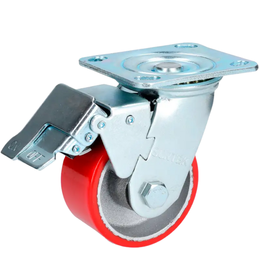 Rodaja De Fierro Con Poliuretano Rojo Giratoria Con Freno 4" RP10B Surtek