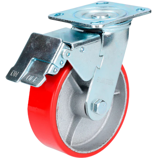 Rodaja De Fierro Con Poliuretano Rojo Giratoria Con Freno 6" RP15B Surtek