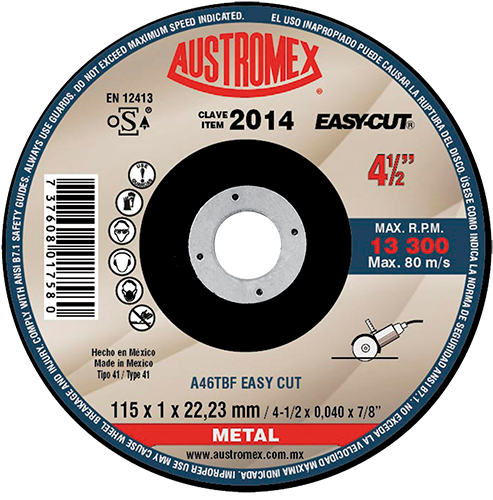 2039-Disco Abrasivo Para Corte Rápido De Metal Con Un Mínimo De Rebaba De 115 X 1 X 22.23 Mm 2014 Austromex