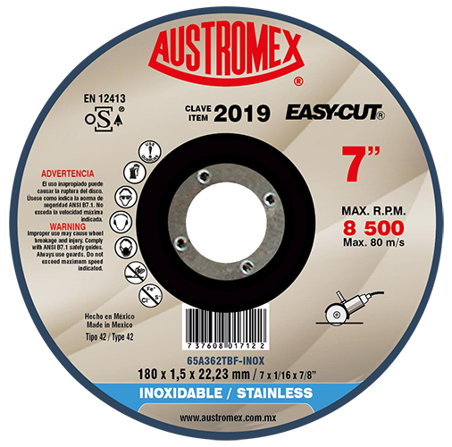 2045-Disco Abrasivo Para Corte Preciso De Acero Inoxidable De 180 X 1.5 X 22.23 Mm 2019 Austromex