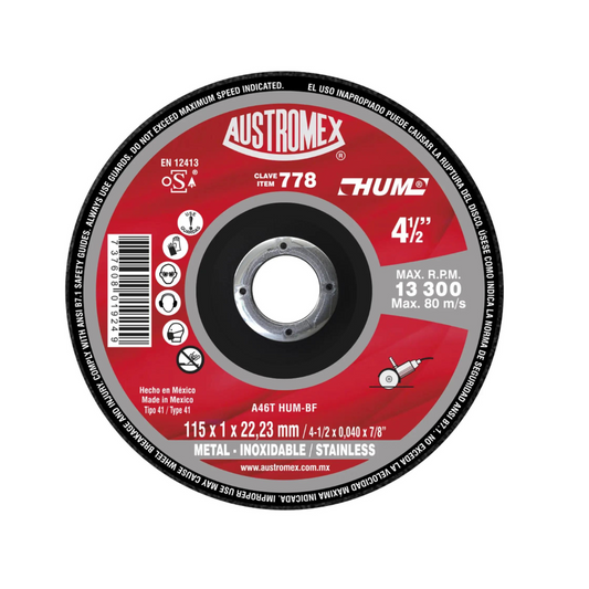 2034-Disco Abrasivo De 115 X 1 X 22.23 Mm Para Corte De Acero Al Carbón Acero Inoxidable Y Metales 778 Austromex