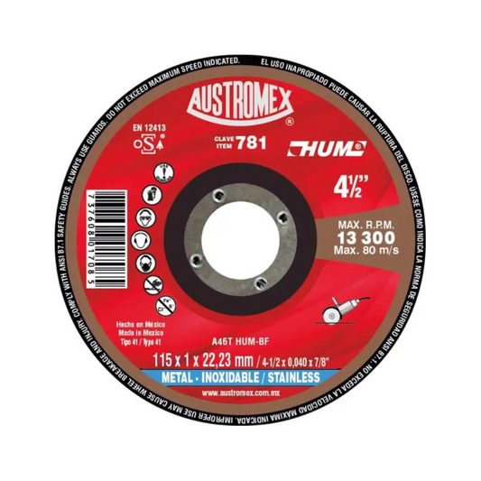 2035-Disco Abrasivo De 115 X 1 X 22.23 Mm Para Corte De Acero Inoxidable 781 Austromex