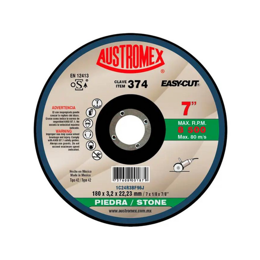 2104-Disco Abrasivo De 180 X 3.2 X 22.23 Mm Para Corte De Piedra Ladrillo Concreto Y Refractarios 374 Austromex
