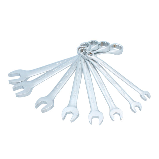 Juego de llaves combinadas satinadas métricas, 12 puntas, 8 piezas en rack Urrea