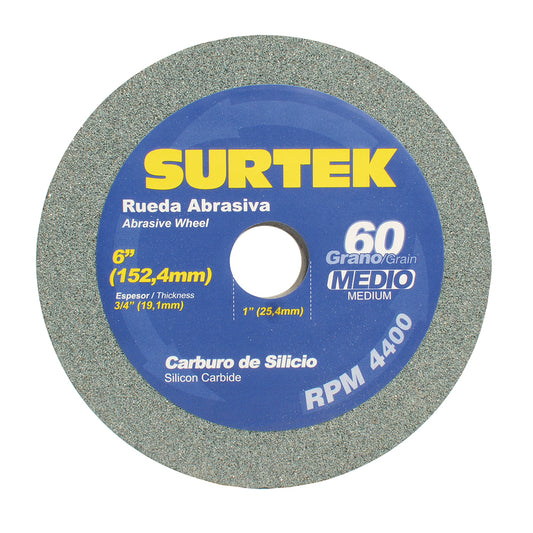 Rueda Abrasiva De Carburo De Silicio Grano 60, 6" X 3/4" Surtek DS
