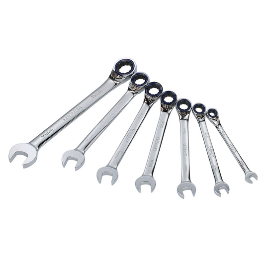 Juego de llaves combinadas pulido espejo de matraca rev mét, 12 puntas,7 pz en rack Urrea