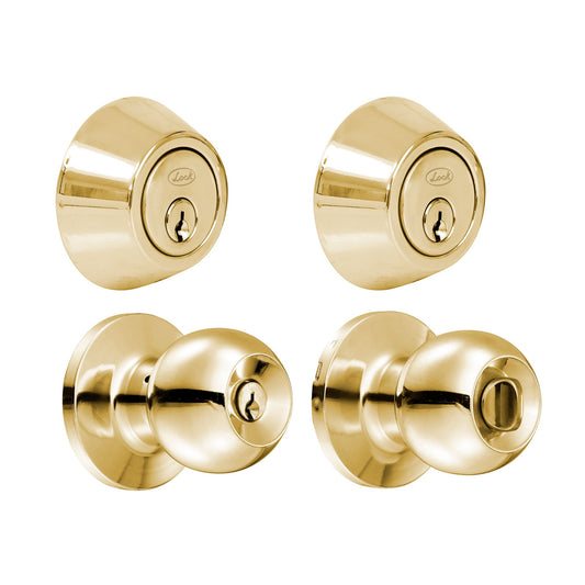 Combo de pomo tubulares de bola función doble, latón brillante, llave estándar, blíster Lock