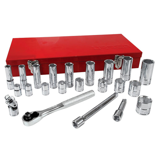 Juego de dados y accesorios cuadro de 3/8" en pulgadas 6 puntas, 23 piezas Urrea