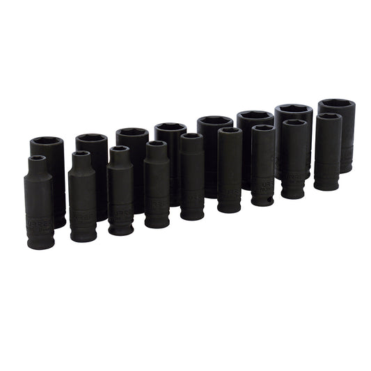 Juego de dados largos de impacto cuadro de 3/8", 6 puntas, métricos, 17 piezas Urrea