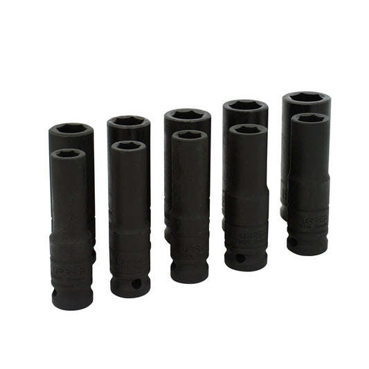 Juego de dados largos de impacto cuadro de 1/2", 6 puntas, métricos, 10 piezas Urrea