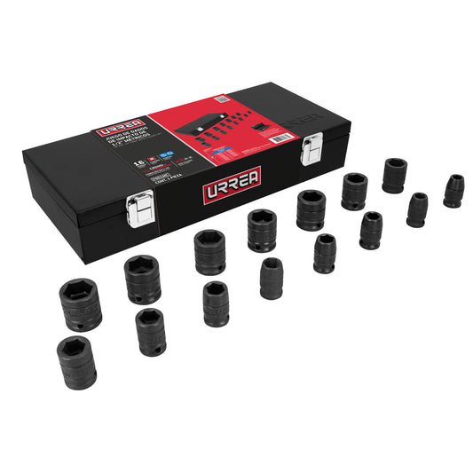 Juego de dados de impacto cuadro de 1/2", 6 puntas, métricos, 15 piezas Urrea