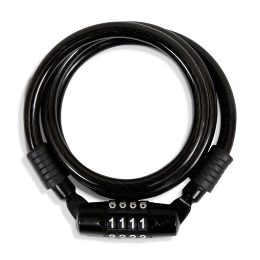 Cable candado de espiral retráctil c/combinación 4 dígitos cabeza metálica (1 mt) Modelo: CCE-8100 Marca MIKELS
