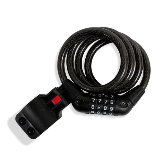 Cable candado en espiral retráctil con combinación 4 dígitos Modelo: CBE-100 Marca MIKELS
