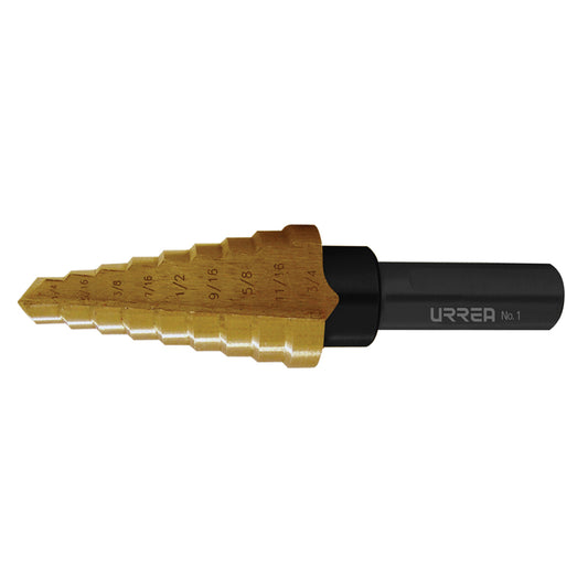 Broca escalonada de acero con doble estría #5, 9/16" a 1" zanco 3 planos Urrea