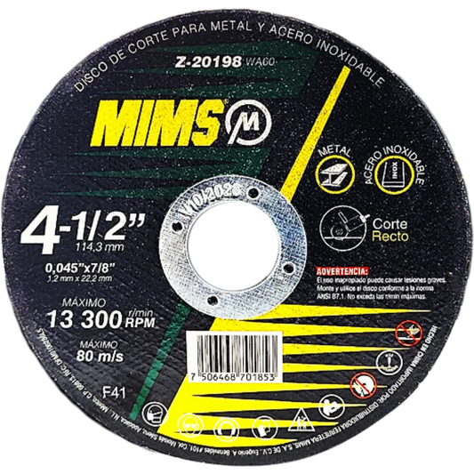 DISCO D/CORTE P/INOX. Y METAL 4-1/2" x 0.045"(1.4) x 7/8" F41. Catalogo