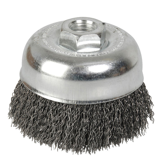 Carda copa ondulada alambre delgado 4" x 0.35 mm con rosca 5/8" Foy