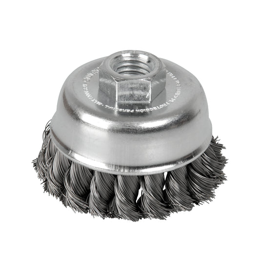 Carda copa trenzada alambre delgado 3" x 0.35 mm con rosca M14 Surtek
