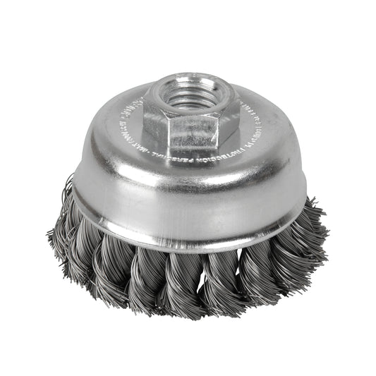 Carda copa trenzada alambre grueso de acero inoxidable 4" x 0.50 mm con rosca M14 Surtek