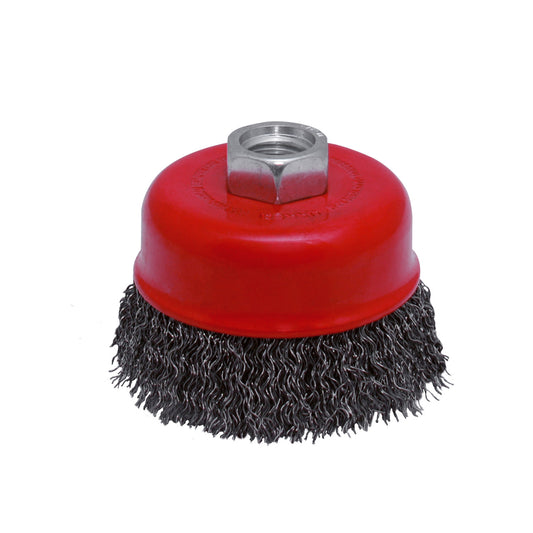 Carda copa ondulada alambre delgado 4" x 0.35 mm con rosca M14 Urrea