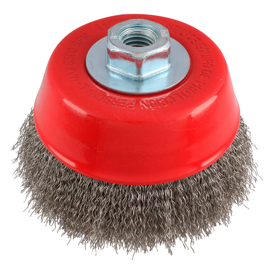 Carda copa ondulada alambre delgado de acero inoxidable 5" x 0.30 mm con rosca M14 Urrea