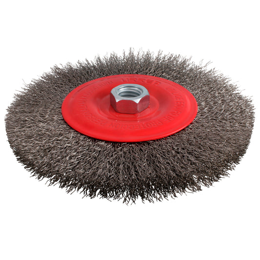 Carda circular ondulada alambre delgado de acero inoxidable 6" x 0.30 mm con rosca 5/8" Urrea