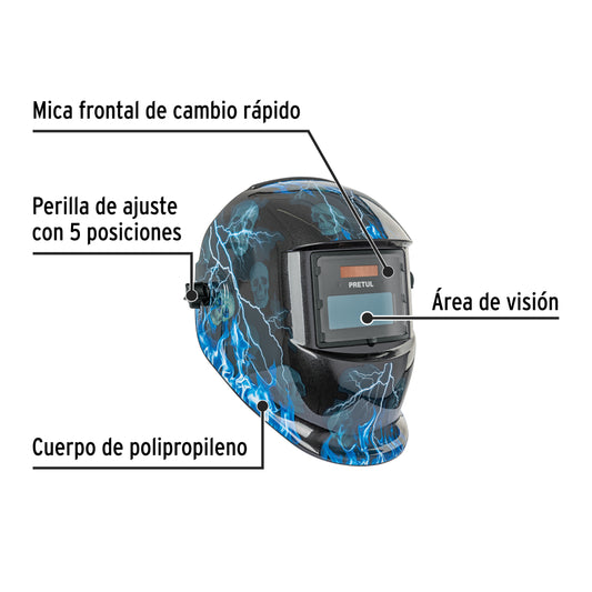 Careta electrónica p/soldar, rayos, sombra 9 a 13, pretul