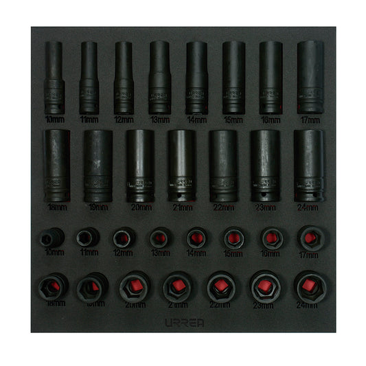 Juego de dados de impacto cortos y largos métricos cuadro de 1/2" 30 piezas, CH219-C Urrea