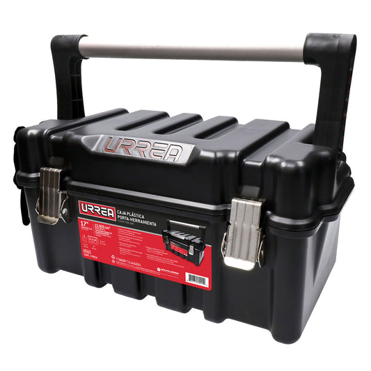 Caja portaherramientas plástica con broches metálicos color negro 17" x 9" x 8" Urrea