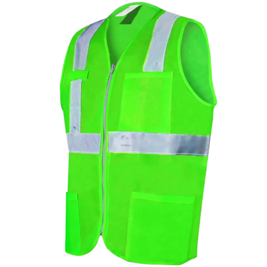 5697-Chaleco Verde Alta Visibilidad Con Reflejante Gris De 2 Pulgadas Talla Mediana. ECO-1020VCRMD Jyrsa
