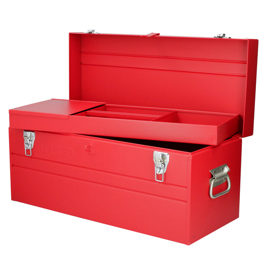 Caja portaherramientas métalica con asa plástica color rojo 23" x 10" x 11" Urrea