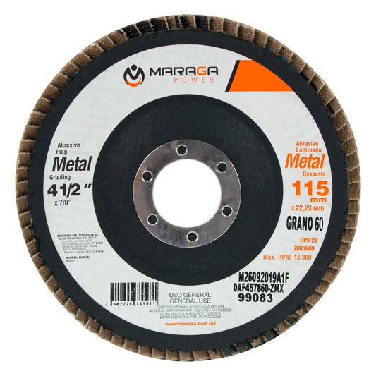 Disco Abrasivo Metal 4-1/2" Eje 7/8" Grano 60 Zirconio DAF457860-Z Maraga