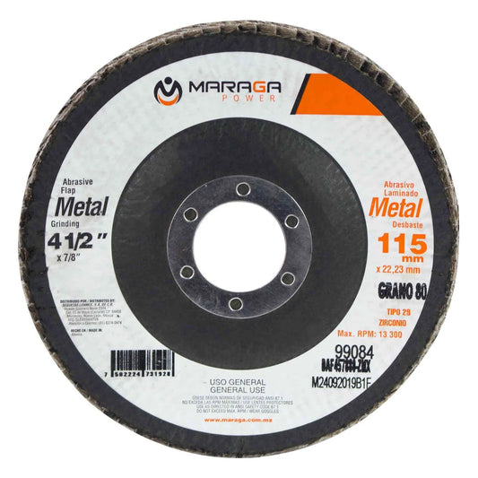 Disco Abrasivo Metal 4-1/2" Eje 7/8" Grano 80 Zirconio DAF457880-Z Maraga