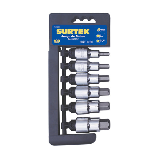 Juego de dados con punta hexagonal cuadro de 1/2", métricos, 6 piezas Surtek