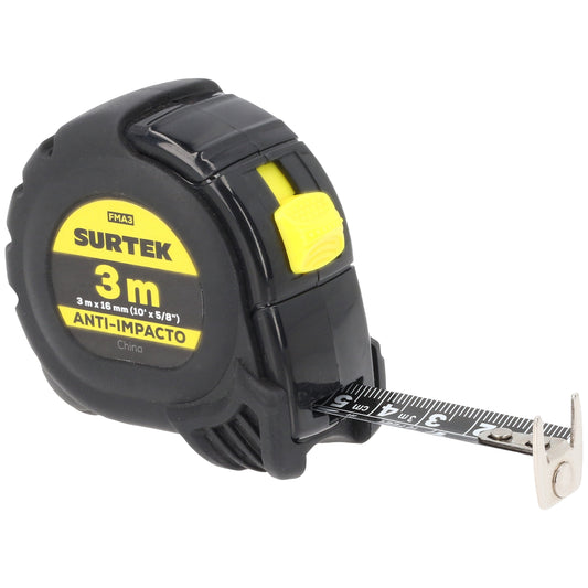Flexómetro con carcasa anti-impacto cinta color negro 3 m x 16 mm Surtek