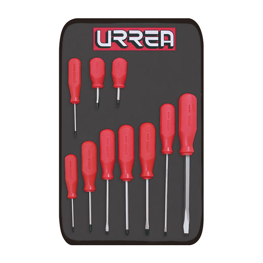 Juego de destornilladores con mango rojo, combinados, 10 piezas en estuche Urrea