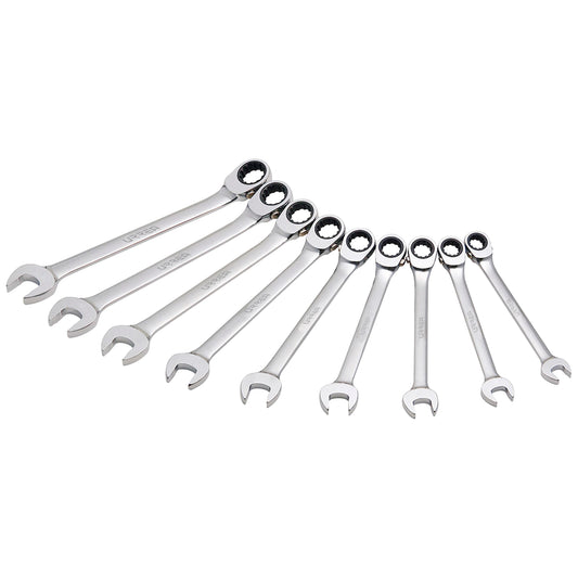 Juego de llaves combinadas pulido espejo de matraca spline rev en pulg,9 pz en caja plást Urrea