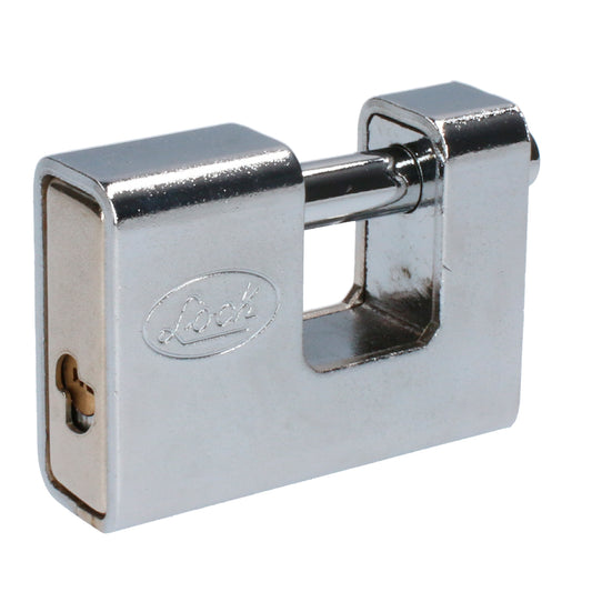 Candado de acero para cortina metálica 80 mm, niquel satinado, llave de puntos Lock
