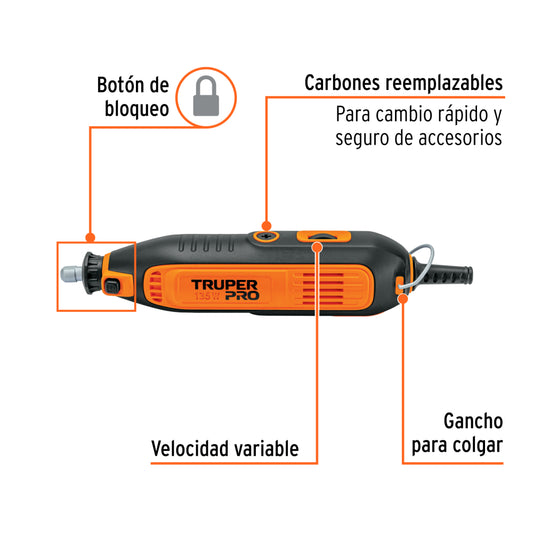 Herramienta rotativa 135w con 211 accesorios, truper pro