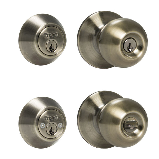 Combo de pomo tubular bola función doble, latón antiguo, llave estándar, blíster Prolok