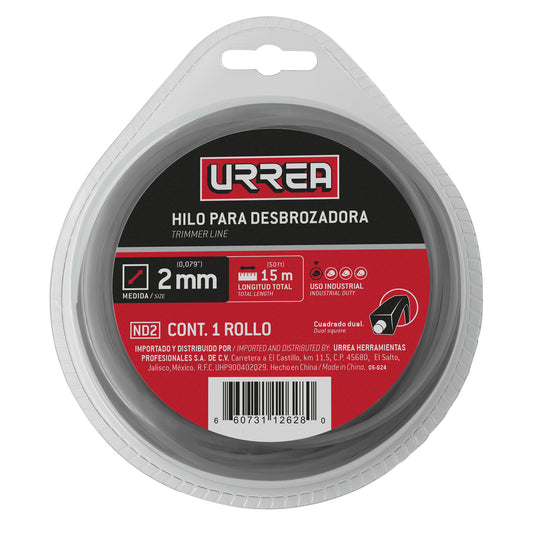 Nailon cuadro dual para desbrozadora doble blister, 2 mm x 15 m Urrea