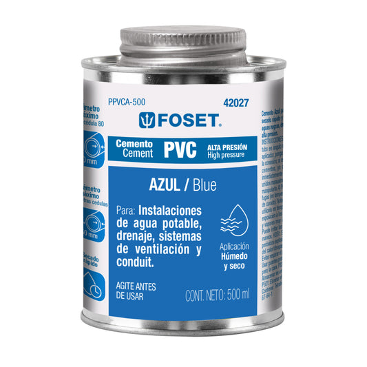 Cemento azul para PVC en bote de 500 ml, alta presión, Foset (N)(4)