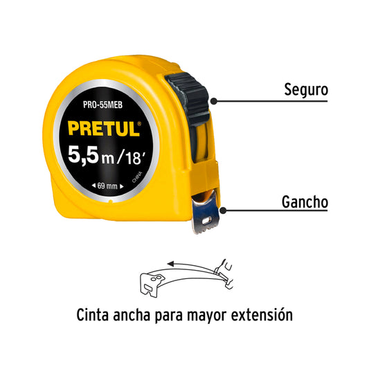 Flexómetro amarillo 5.5 m cinta 25 mm, en tarjeta, pretul